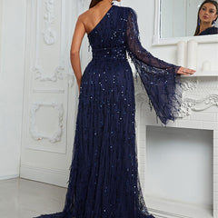 Vestido de lentejuelas con hombros oblicuos, una manga, vestido de cóctel de noche con abertura, vestido elegante