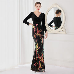Korean Velvet 10 Sequin Long Sleeved Fishtail Evening 's High End Elegant Cocktail Annual Meeting King