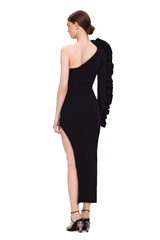 Single Side Long Sleeved Floral Ruffled Knitted Dress Party Dance Bandage Dress