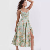 Printed Cami Dress Backless Slit Mid Length Dress for