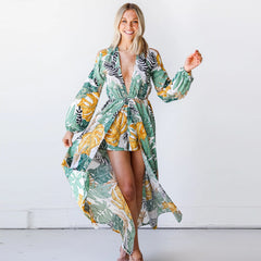 Long Sleeve V neck Print Boho Beach Length Dress