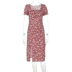 Floral Back Zipper Split Square Collar Mid Length Dress