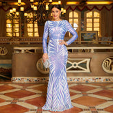 Long Sleeve Crew Neck Slim Long Sequined Cocktail Evening Dress Bridesmaid