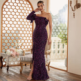 Single Sleeve Elegant Long Sequined off-Neck Backless Cocktail Evening Dress Bridesmaid Dress