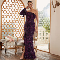 Single Sleeve Elegant Long Sequined off-Neck Backless Cocktail Evening Dress Bridesmaid Dress