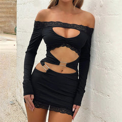 Hollow Out Cutout out Lace off Shoulder Long Sleeve