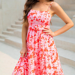 Floral Dress Printed Closing Belt Low Cut Romantic Vacation Dress