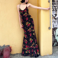 Colorful floral pattern fitted fishtail maxi dress