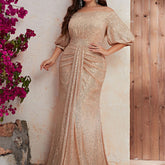 Plus Size Dress Sequin Off The Shoulder Short Sleeve Prom Evening Dress Fishtail Dress