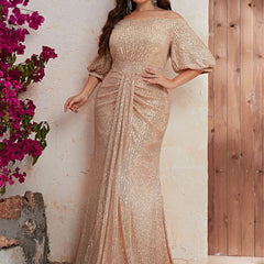 Plus Size Dress Sequin Off The Shoulder Short Sleeve Prom Evening Dress Fishtail Dress