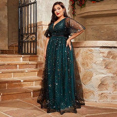 Vestido de noche de talla grande con mangas abullonadas y cristales brillantes, escote en V, vestido de noche de hada con vuelo, vestido de hada súper