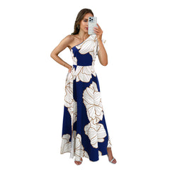 Vestido elegante con estampado grande, cuello diagonal, espalda descubierta, cremallera y abertura alta