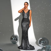 Sleeveless Elegant Suspenders Long Sequined V Neck Cocktail Evening Dress Bridesmaid Dress
