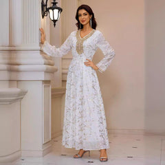 Gold Pattern Printed Maxi Dress Patchwork Knitted Belt Long Sleeve Dress