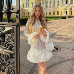 Stylish Long Sleeves See through Lace Tiered