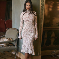French Lace Cutout Turtleneck Long Sleeve Fishtail