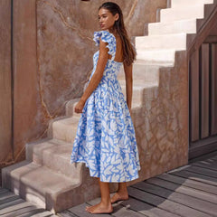 Printed Ruffle Sleeve Elastic Swing Dress