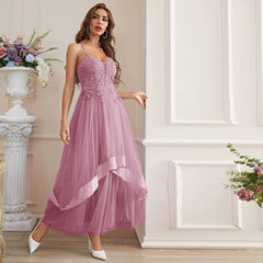 Vestido de tirantes con encaje bordado de malla y vuelo, vestido de hada fresco