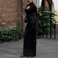 High Collar Hollow Out Cutout Out Knitted Pencil Elegant Slim Fit Maxi Dress