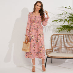 Beliebtes Retro-Kleid im Herbststil: Langarmkleid mit Smokdetails, Blumenmuster, mittellang, Rundhalsausschnitt