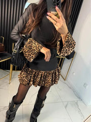 Leopard Print Patchwork Flared Sleeves Mini Slim Dress