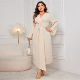 Plus Size Long Sleeve Dress Waist Controlled Slim Irregular Asymmetric Cut Dress
