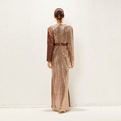 Elegant Embroidery Sequin Stitching Crumpled Satin Dubai Waist Trimming Maxi Dress Prom Formal Gown Maxi