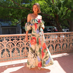Chiffonkleid mit Blumenmuster, schulterfrei, Strandkleid, Maxikleid für den Strandurlaub am Meer