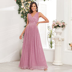 Pleated Shiny Double V Neck Large A Hem Party Evening Dress Short Sleeve Back Zipper Full Lining Prom Dress