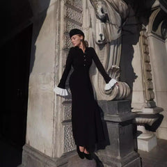 Dehaired Angora Covering Yarn Slimming Patchwork Long Sleeved Knitted Maxi Dress