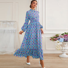 High Waist Blue Long Sleeve Dress Retro Waist Print A Line Dress