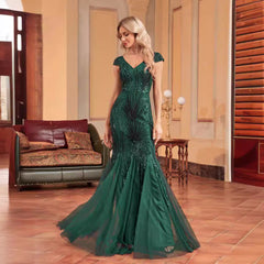 Green Beaded Dress Long Slim Fishtail Bridesmaid Cocktail Evening Dress for