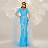 High Class Elegant over Long Sleeve Square Neck Cocktail Sheath Sequined Fishtail Evening