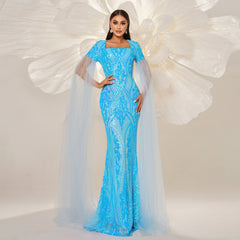 High Class Elegant over Long Sleeve Square Neck Cocktail Sheath Sequined Fishtail Evening