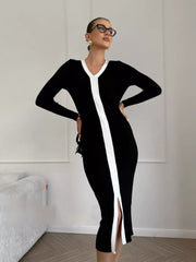 Long Sleeve V neck Stitching Contrast Color Knitted Dress Slim Slimming Tight