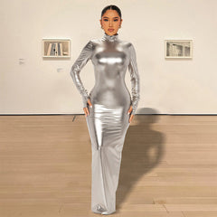 Metallic Backless Skinny Slimming Slim Metallic Coated Fabric Dress