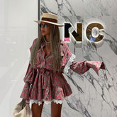 Floral Stitching Dress Polo Collar Long Sleeve Lace up A line Dress