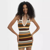 Deep V Plunge neck Collared Contrast Color Striped Crochet Sheath Dress Slim Halter Dress