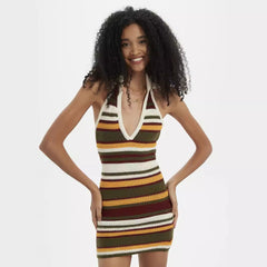 Deep V Plunge neck Collared Contrast Color Striped Crochet Sheath Dress Slim Halter Dress