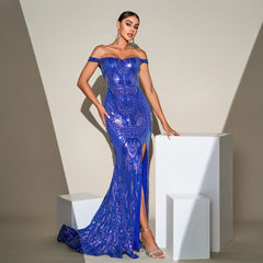 High Class Elegant Sleeveless off Neck Cocktail Sheath Sequined Split Evening