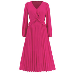 Long Sleeve V Neck Slim Fit Pleated Dress Solid Color Lantern Sleeve Maxi Dress Popular