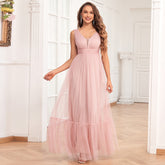 Elegant Double V neck Sleeveless Tulle Full Lining Evening Dress A line Puffy Tulle Wedding Bridesmaid Party
