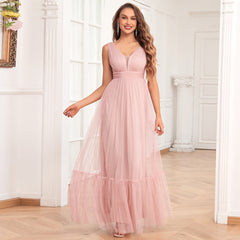 Elegantes, ärmelloses Abendkleid aus Tüll mit doppeltem V-Ausschnitt, komplettem Futter und A-Linien-Schnitt, bauschigem Tüll, perfekt für Hochzeiten, Brautjungfern und Partys.