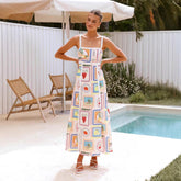 off Neck Lace Printing Suspenders Dress