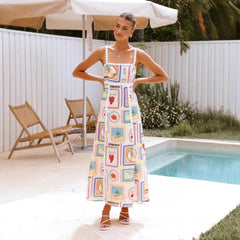 off Neck Lace Printing Suspenders Dress