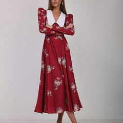 Early Retro Printed Large Swing Dress Waist Controlled Slim Fit Maxi Dress