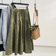 Falda floral cepillada Art Younger, falda de paraguas de longitud media, vestido adelgazante