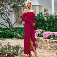 Vestido tubo maxi con espalda descubierta y mangas largas con abertura lateral asimétrico irregular