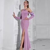 Pearl Halter Stitching Long Sleeve Split Slim Fit Maxi Dress