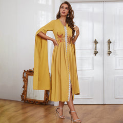 Dress V neck Embroidery Irregular Asymmetric Maxi Dress